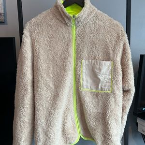 Beige and neon yellow fleece sweater